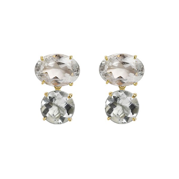 Brinco em ouro amarelo com cristal de quartzo e aplique de prasiolita