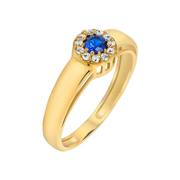 Anel de formatura em ouro amarelo com safira e zircônias