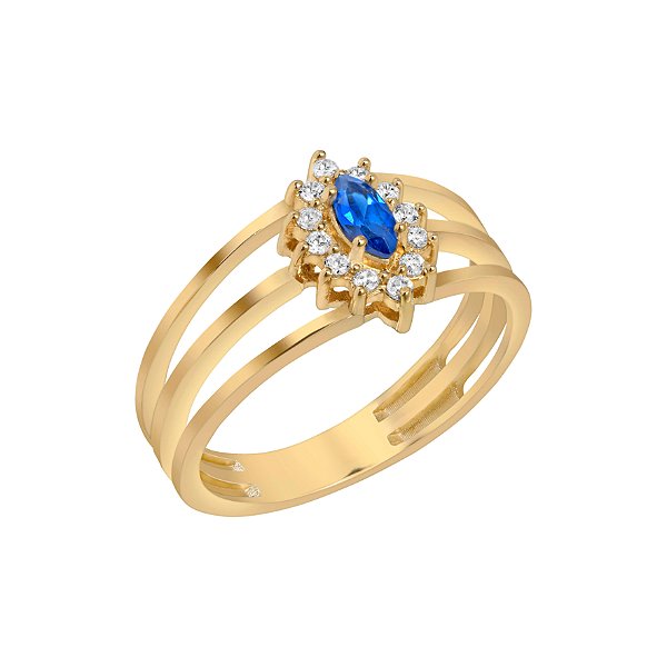 Anel de formatura em ouro amarelo com safira e zircônias
