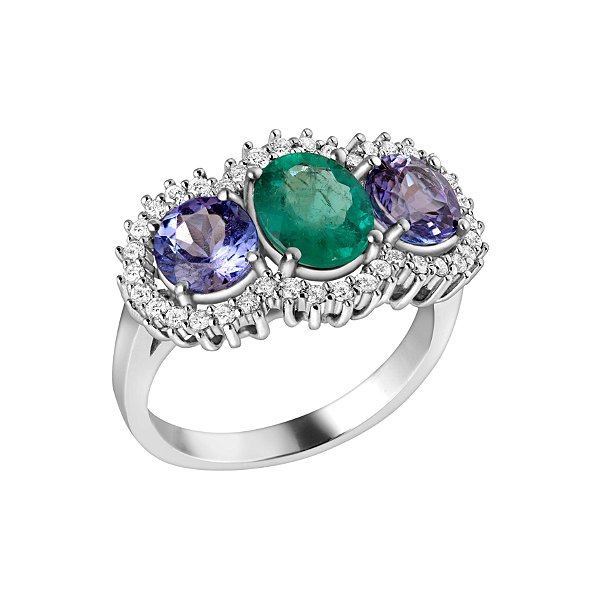 Anel em ouro branco com esmeralda, tanzanitas e diamantes