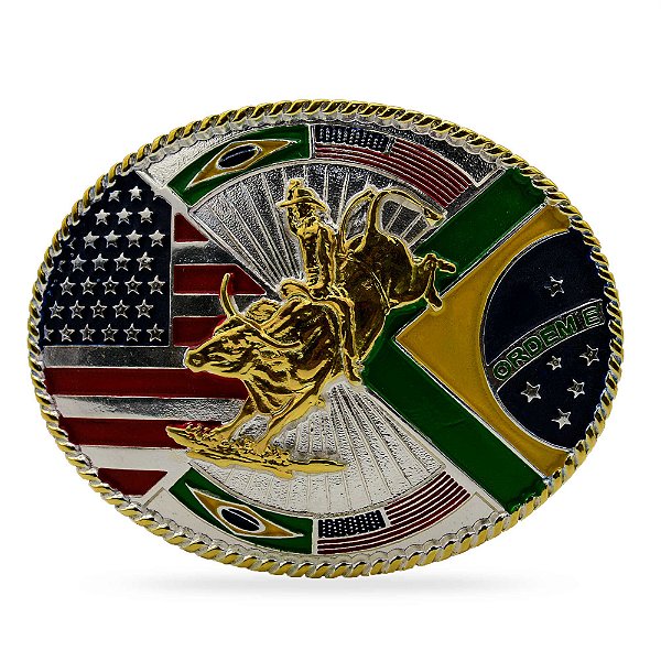 Fivela Boiadeira - Bandeira Brasil e EUA