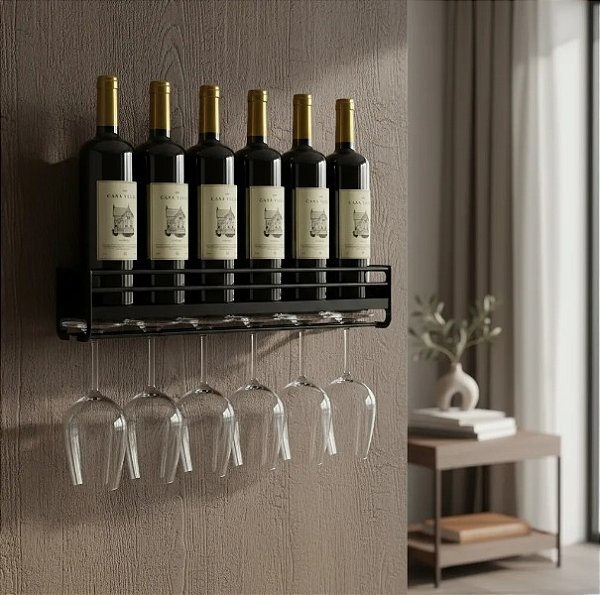 Mini adega de parede – cristaleira porta taças - preto