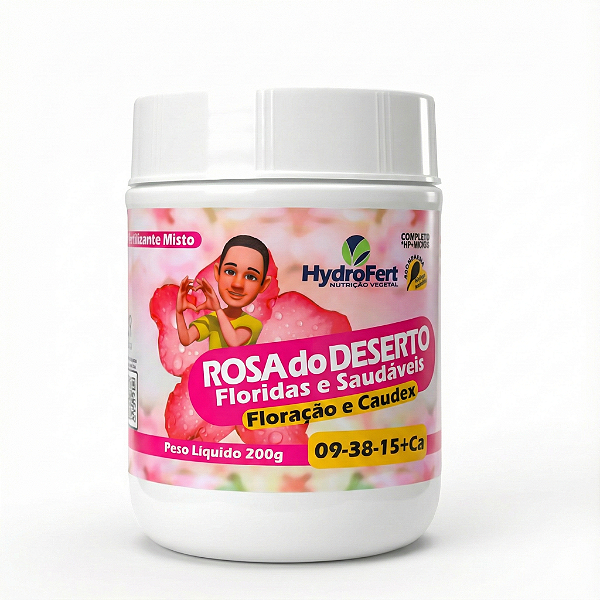 FERT. ROSA DO DESERTO FLORIDAS E SAUDAVEIS FLORAÇÃO E CAUDEX LEUDO JUNIOR 09-38-15 +CALCIO POTE 200G
