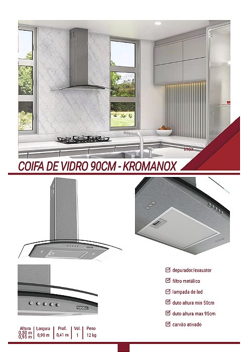 COIFA NARDELLI VIDRO 90 CM - KROMANOX