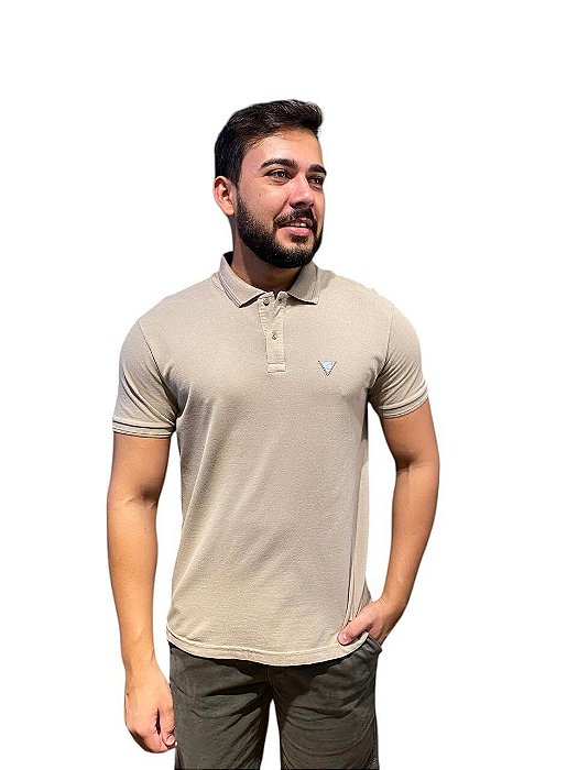 Polo Guess Piquet Masculina Bege