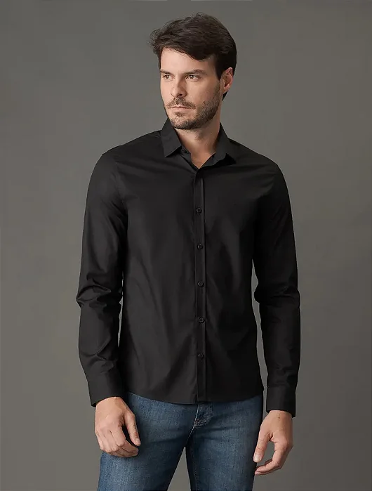 Camisa de Manga Longa Masculina Regular Estampa Ck Bordada Calvin Klein Preto