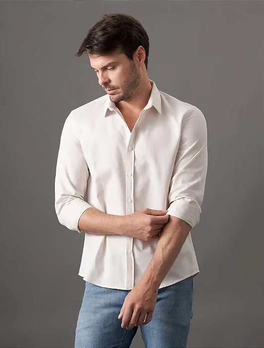 Camisa Masculina Regular Micro Listrado Calvin Klein Caqui Medio