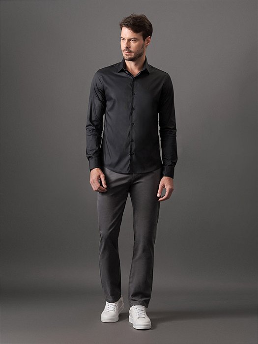 Camisa Masculina Manga Longa Slim Básica Preto