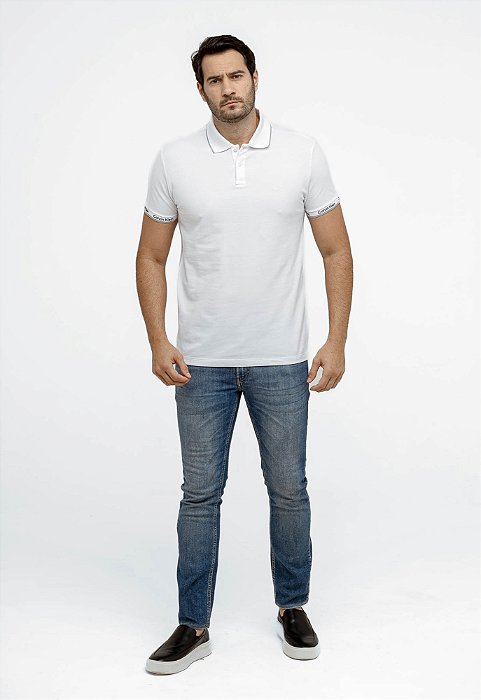 Camisa Polo Calvin Klein Slim Fit Logo Punho Branco