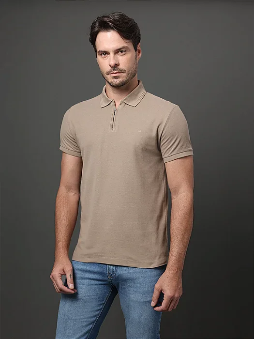 Polo Calvin Klein Masculina Slim Ziper Caqui Medio