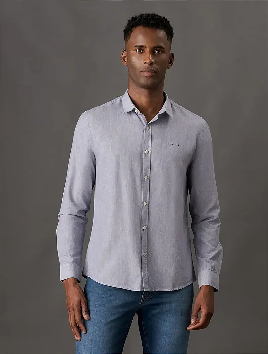 Camisa Manga Longa Slim Listrada Silk Logo Calvin Klein Jeans Azul Marinho