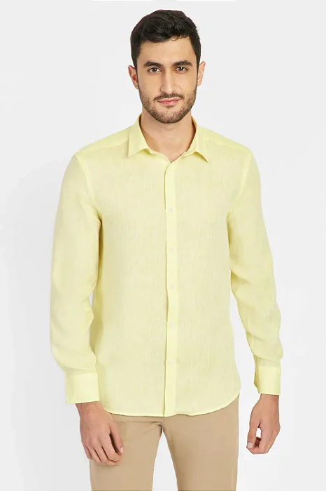 Camisa Manga Longa Slim em Linho Irlandês Amarelo Medio