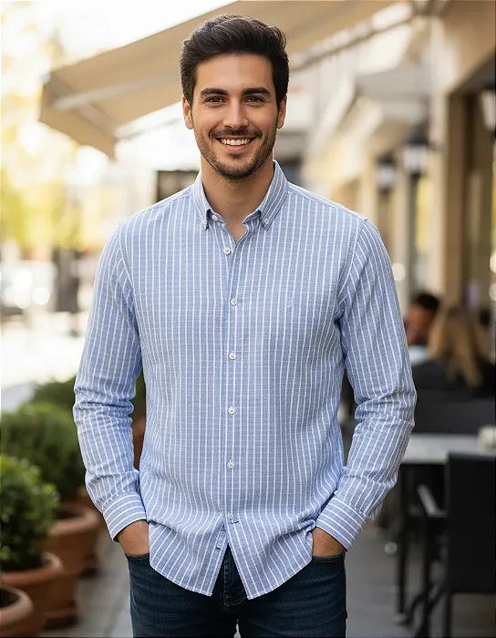 Camisa Individual Masculina Listrada Linho Azul