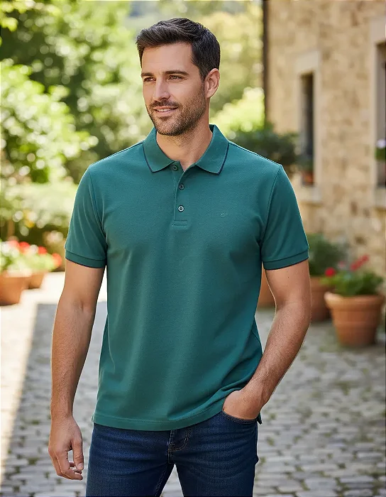 Polo Piquet Ellus Masculina Com Friso Verde