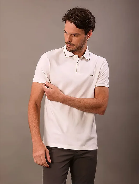 Polo Manga Curta Calvin Klein Regular Listras Surton Off White
