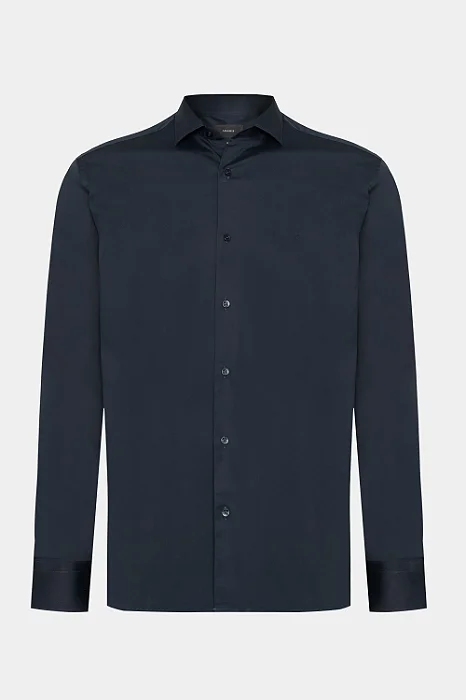 Camisa Manga Longa Slim em Tricoline Stretch Liso Marinho Escuro