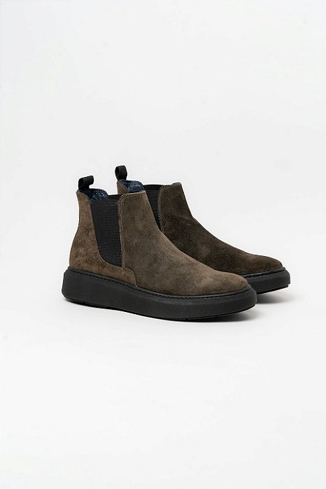Bota Masculina Chelsea Couro Camurça Verde Militar Garbanne Solado Alto 4cm