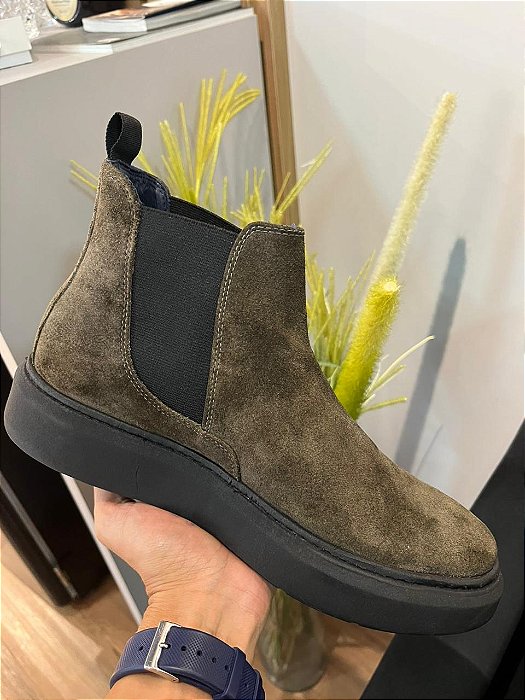 Bota Masculina Chelsea Couro Camurça Verde Militar Garbanne Solado Alto 4cm