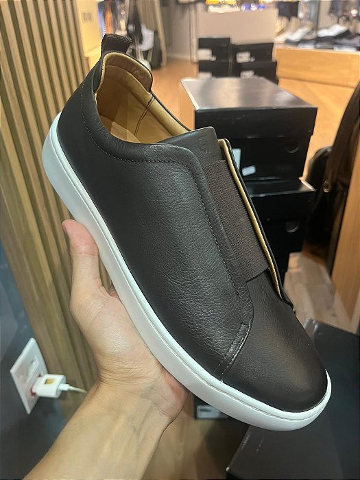 Tênis Casual Masculino Couro Café Garbanne Slip On Sem Cadarço Premium