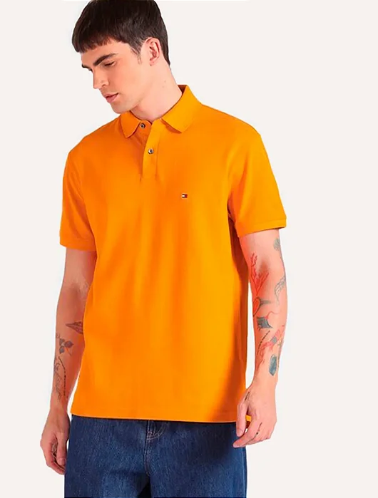 Polo Tommy Hilfiger Masculina Regular Piquet 1985 Laranja Ocre