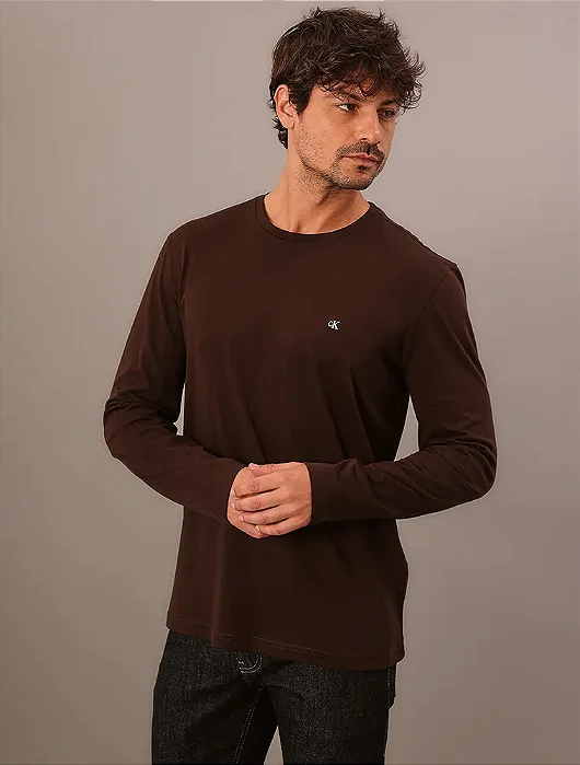 Camiseta Manga Longa Calvin Klein Jeans Masculino Calvin Klein Bordado Cafe