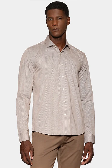 Camisa Aramis Manga Longa Slim Micro Xadrez Caqui / Branco
