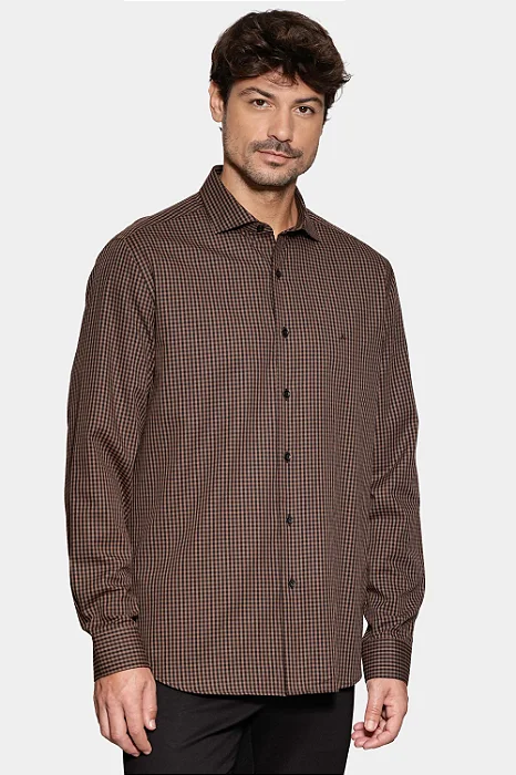 Camisa Manga Longa Slim Mini Xadrez Damero Chocolate Com Preto