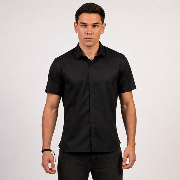 Camisa Docthos Slim Manga Curta Preta Bambu Original Confort