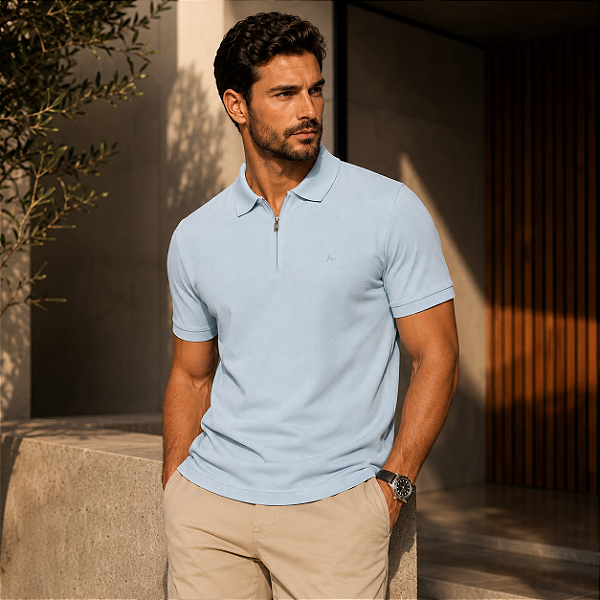 Polo Manga Curta Ziper Piquet Simples Azul Celeste