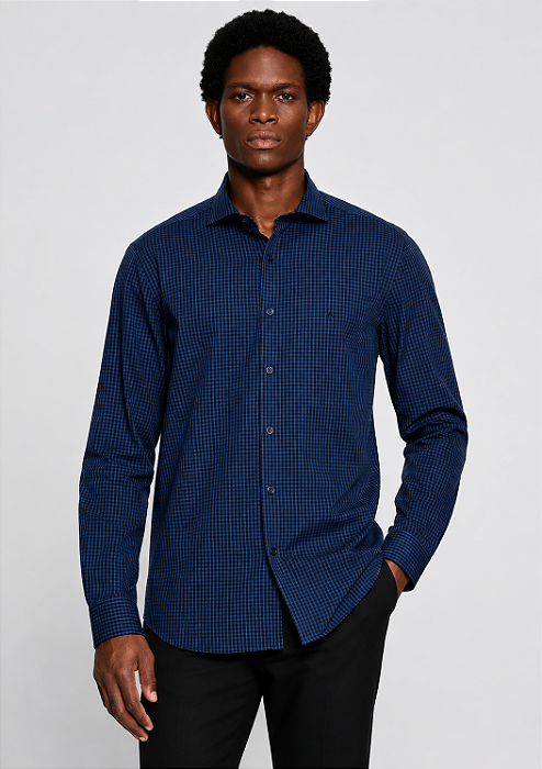 Camisa Aramis Manga Longa Slim Mini Xadrez Damero Azul Medio Com Marinho