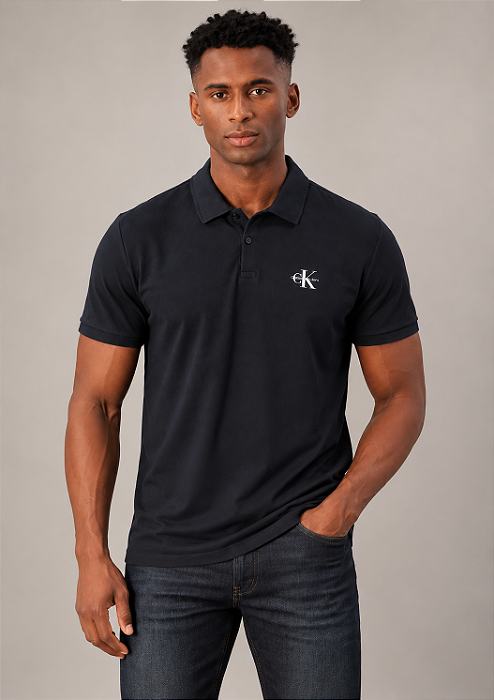 Camisa Polo Calvin Klein Jeans Masculina Azul Marinho Logo CK
