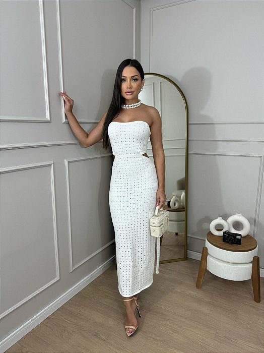 Vestido Midi Modal Tomara que Caia com Abertura Lateral - Verde e Vermelho