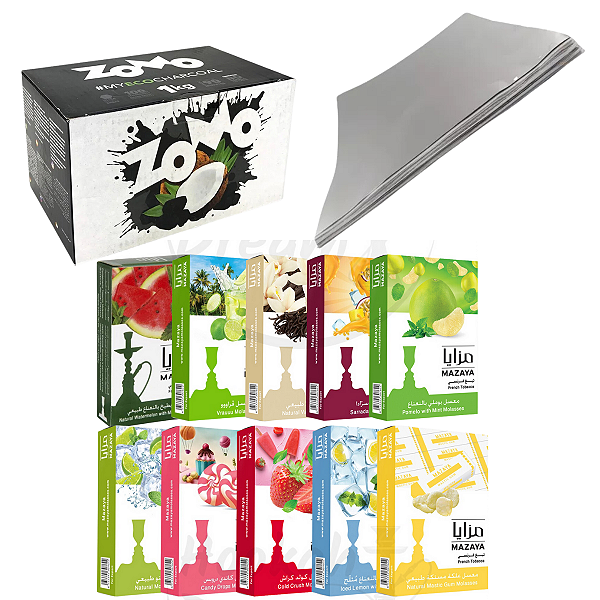 Kit Carvão 1kg + 10 Mazaya 50g + 50 Folhas Aluminio