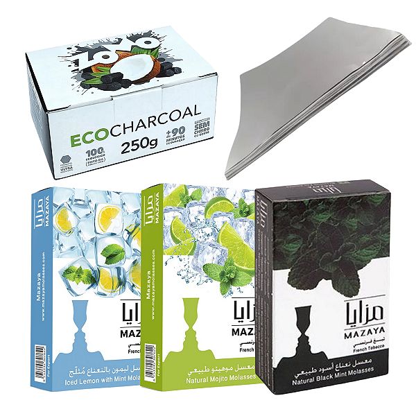 Kit Carvão 250g + 3 Mazaya 50g + 10 Folhas Aluminio