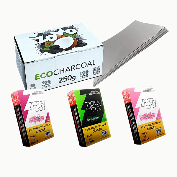 Kit Carvão 250g + 3 Ziggy 50g + 10 Folhas Aluminio