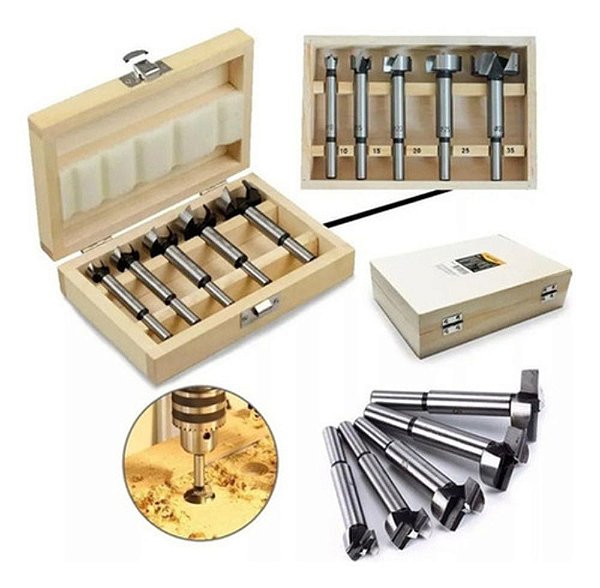 Jogo Kit 5 Brocas Fresa Forstner 10 A 35Mm Madeira Dobradiça