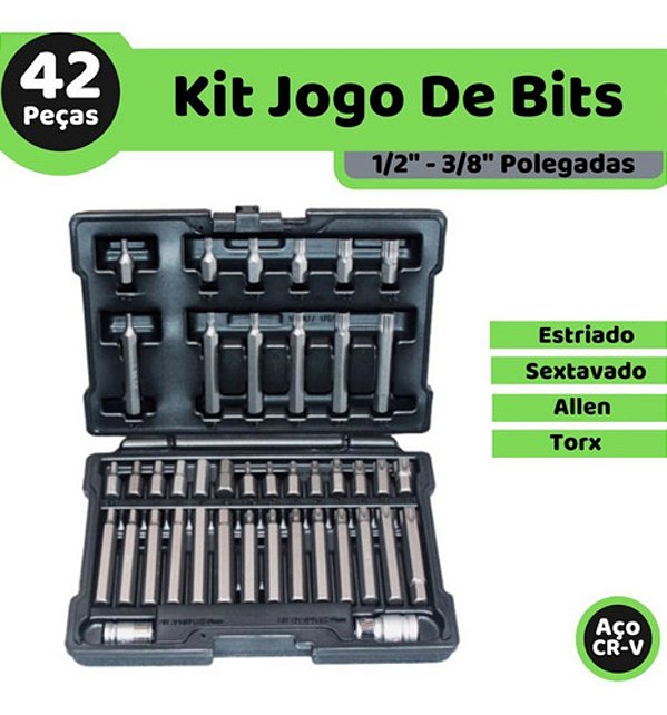 Kit Jogo 42 Peças 1/2 E 3/8 Torx Allen Spline Hex Bits