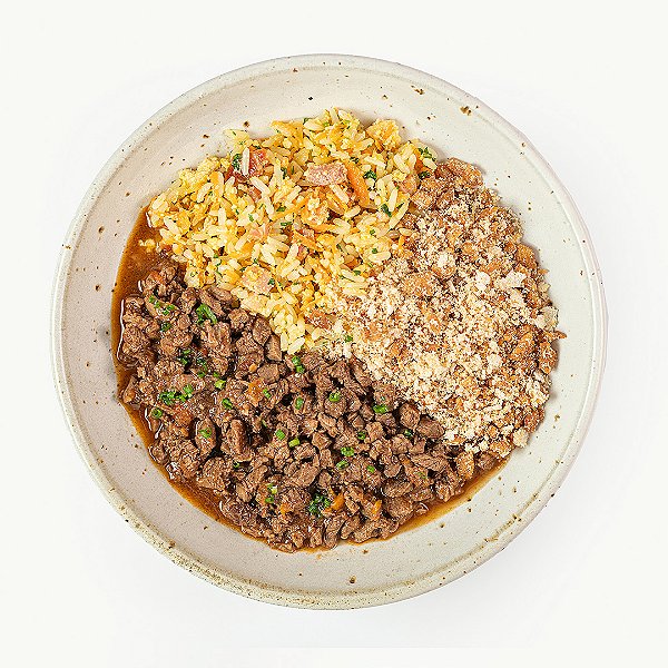 PF Picadinho de Carne, Arroz Biro Biro e Farofa Crocante