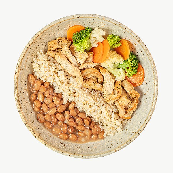 PF Iscas de Frango, Arroz Integral, Feijão e Legumes