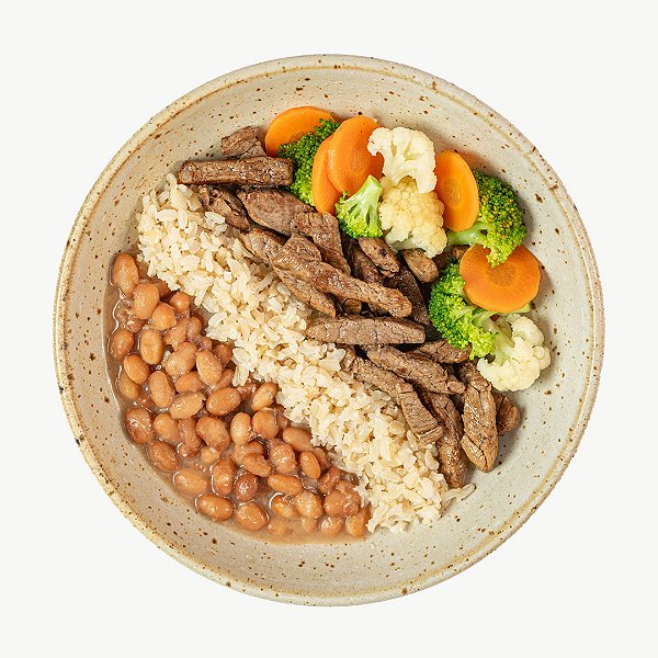 PF Iscas de Carne, Arroz Integral, Feijão e Legumes