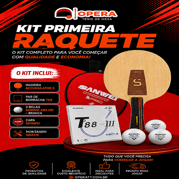 Kit Primeira Raquete Sanwei - 1 raquete clássica completa + Raqueteira + 3 Bolas - Montagem Inclusa