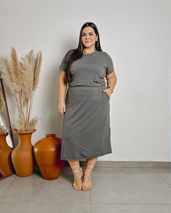 Conjunto: Blusa Baby Look C/ Bolso E Saia C/ Fendas - Slim e Plus Size