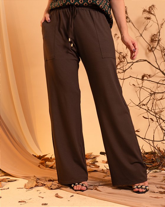 Calça Pantalona Com Bolso A Fio E Amarração No Cós - Slim e Plus Size