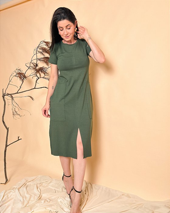 Vestido Midi C/ Gola Redonda E Fenda Frontal E Bolsos Laterais - Slim, Plus ExPlus Size