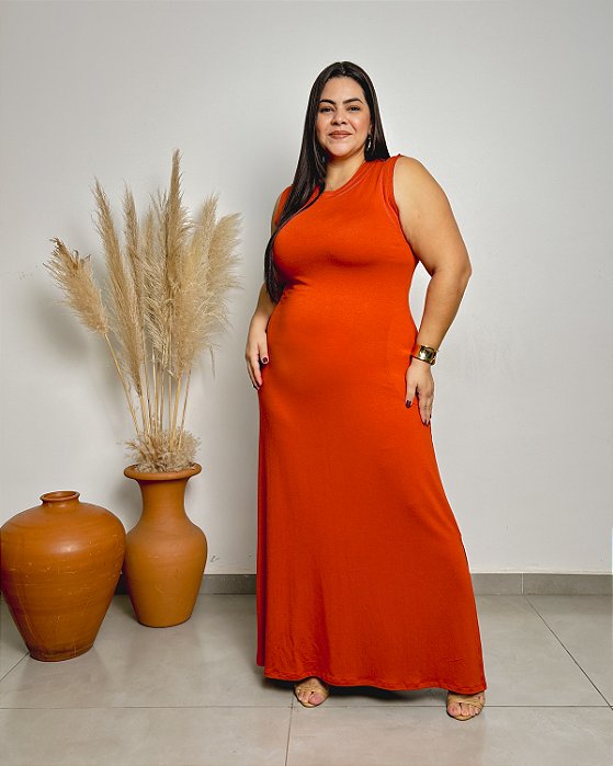 Vestido Regata Longo C/ Fendas E Bolsos Laterais E Pesponto Em Cor - Slim e Plus Size