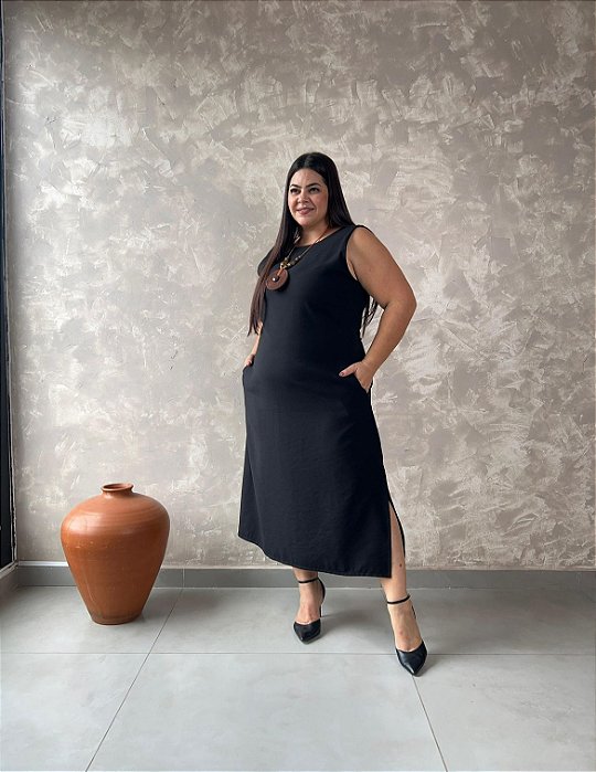 Vestido Midi C/ Fenda E Botão Na Costas - Slim e Plus Size