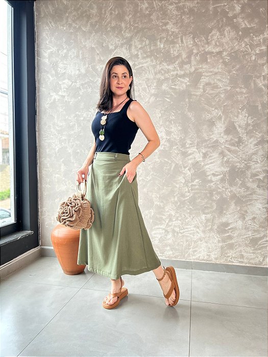 Saia Midi C/ Bolsos Laterais E Cós Franzido Nas Costas E Passante - Slim e Plus Size