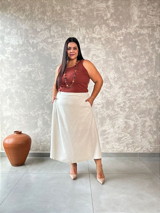 Saia Midi Evasê Com Bolsos Laterais e Passantes - Slim e Plus Size