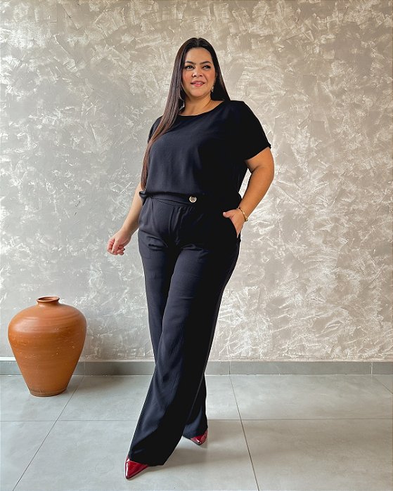 Conjunto: Calça Pantalona C/ Botões No Cós, E Cropped Manga Curta E Barra Larga - Slim e Plus Size