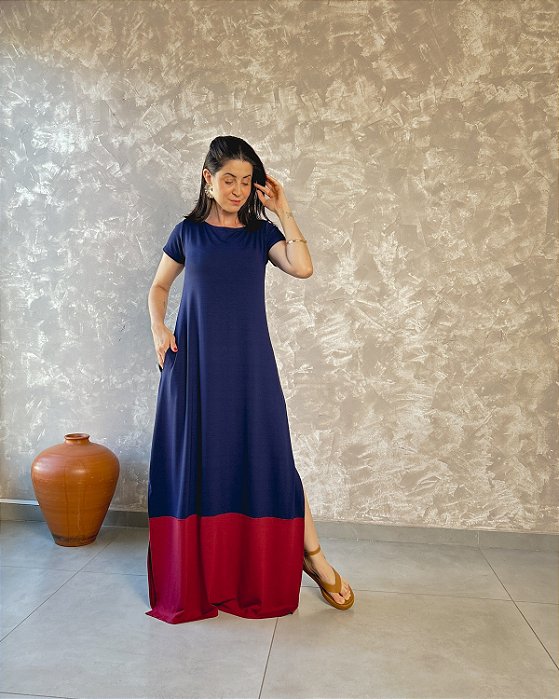 Vestido Longo C/ Manga Curta, Barrado Em Segunda Cor C/ Bolsos E Fendas Laterais - Slim e Plus Size